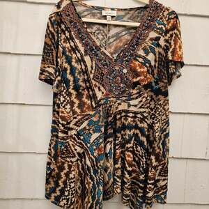 Dressbarn Women's 14/16 Embellished Boho Tunic Top Brown Blue Plus Size 1X